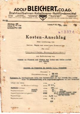 Proposta da Adolf Bleichert &amp; Co. A.G. para projecto de cabo aéreo