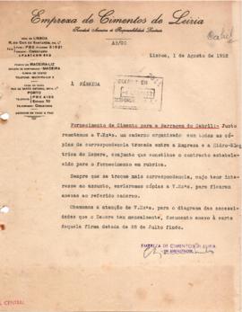 Carta do Serviço Central à Fábrica sobre o &quot;Fornecimento de cimento para a Barragem do Cabri...