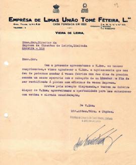 Carta de agradecimento por parte da Empresa de Limas União Tomé Feteira Lda